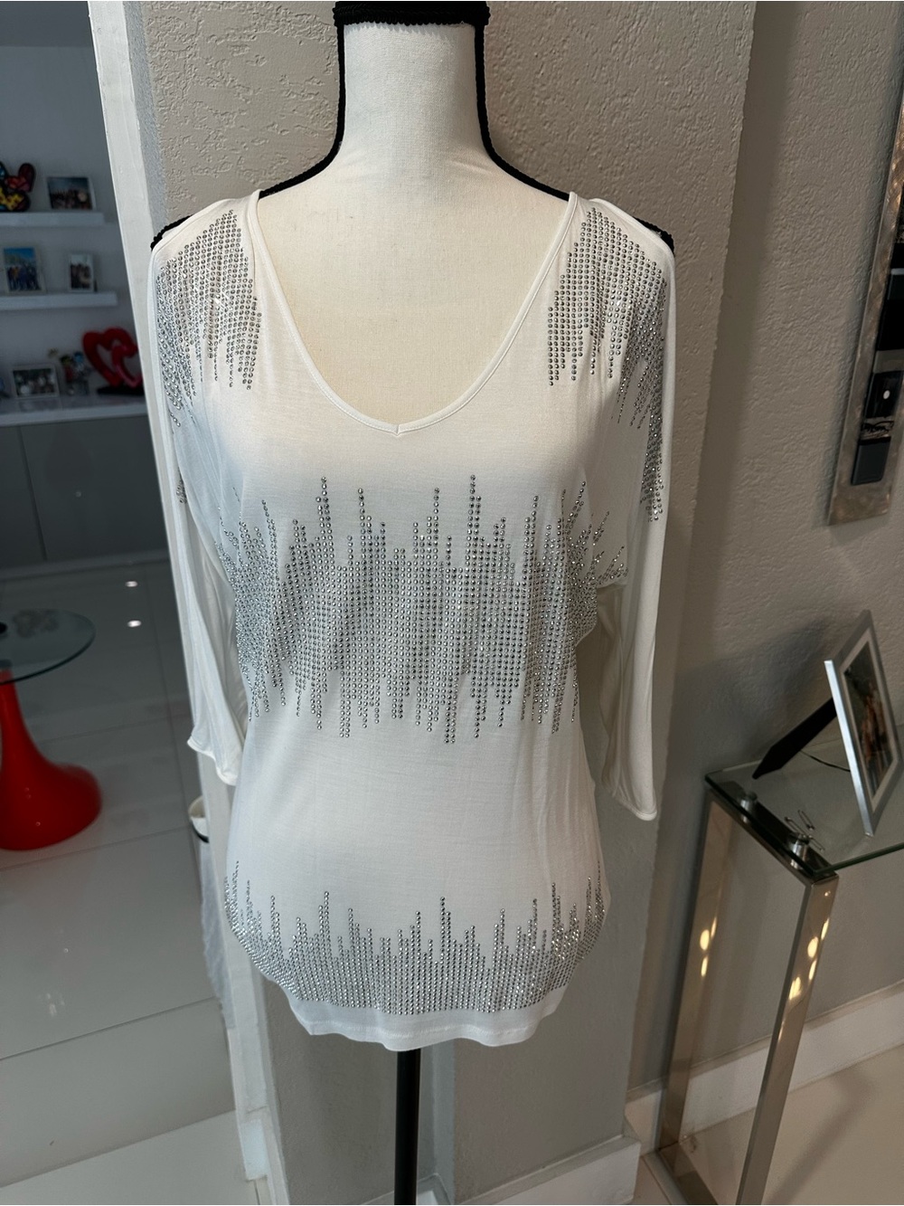INC International Concepts White Rhinestone V-Neck Tunic Top